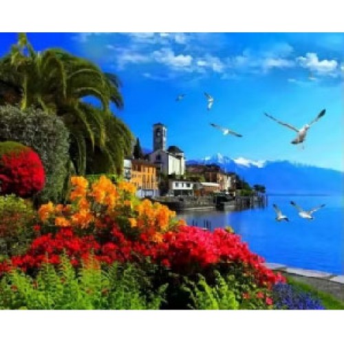 "Прибрежный город в цветах" алмазная мозаика на холсте с подрамником, 40х50