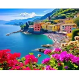 "Итальянский берег в цветах" алмазная мозаика на холсте с подрамником, 40х50