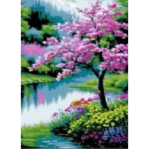 "Сакура у озера" алмазная мозаика на холсте с подрамником, 40х50