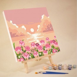 Glezna ar numuriem "Saulriets virs rozā dārza" 30x30 cm